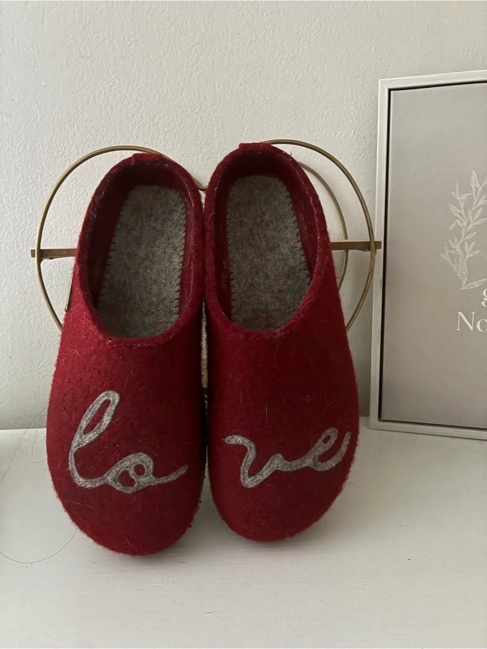 Haflinger Grizzly wool Red Felt Slip-On Mules with Silver 'Love' Script